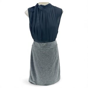 Liz Claiborne Sleeveless Black Gray Pleated Dress Color Block Neckline Tie Sz 14